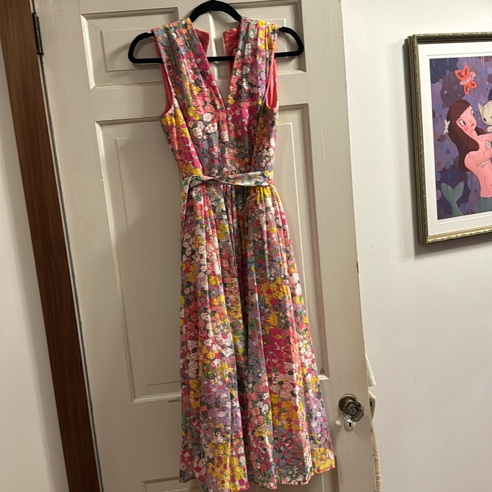 kate spade Pink Floral Sleeveless V-Neck Belted Midi Dress